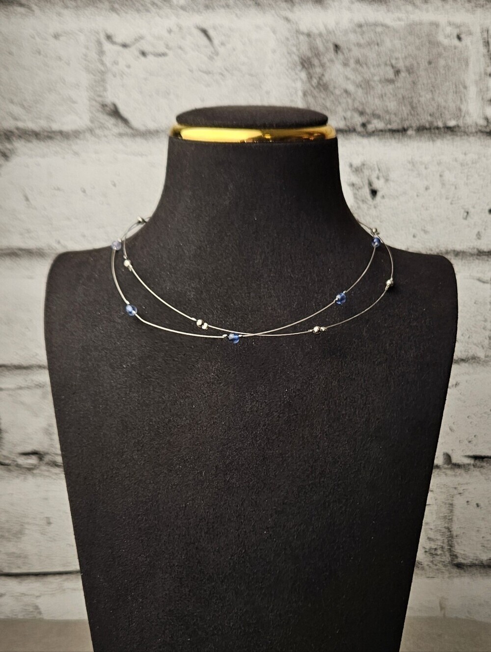 Silver Tone Double Strand Blue Bead Minimalist Layered Choker Necklace